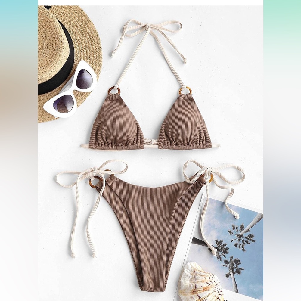 NWT ZAFUL Halter Triangle Bikini Ribbed String. Coffee colored - Picture 3 of 7